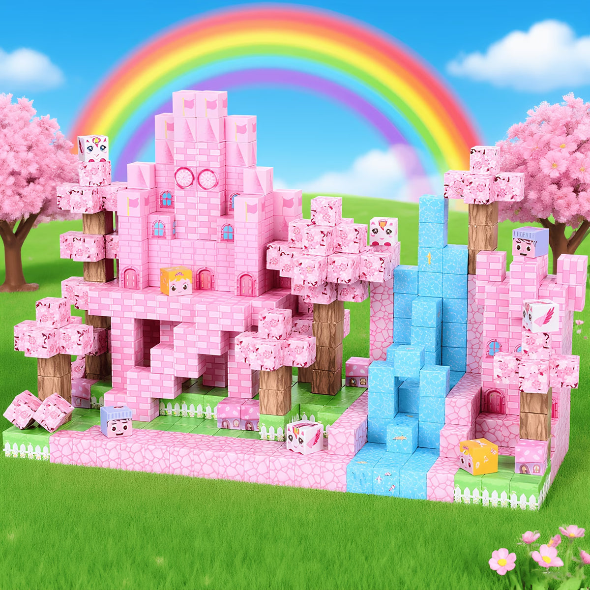 100-Piece Magnetic Building Blocks Pink Princess Castle Set for Kids